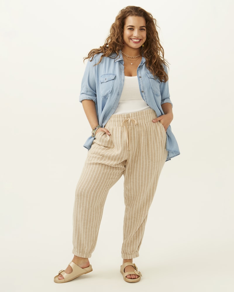 Plus size model with apple body shape wearing Mischa Striped Linen Jogger by BRIGGS | Dia&Co | dia_product_style_image_id:196825